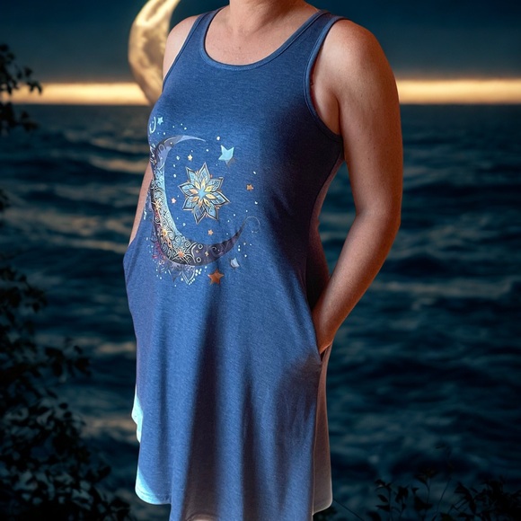 Blue Sleeveless Celestial Mini Beach Coverup Dress - Picture 1 of 6
